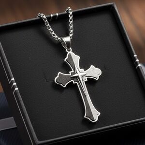 Mens Sliver Cross Pendant Necklace Stainless‎ Steel Titanium Black 24"